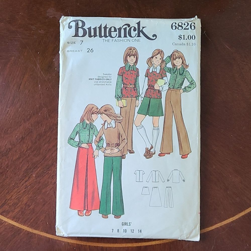 3/$15 Vintage 70s Girls Shirt Skirt Pants Butterick Sewing Pattern 6826 sz 7 